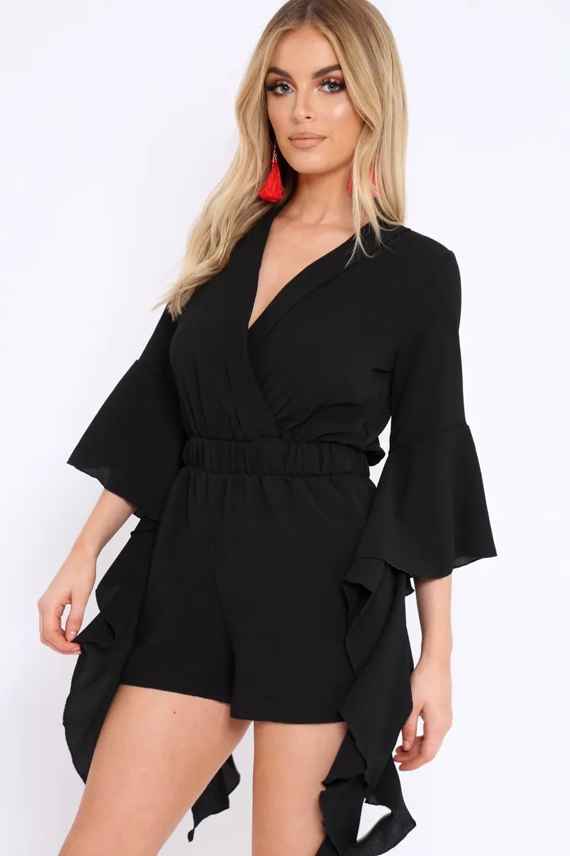 Black Wrap Front Flare Sleeve Playsuit - Emoni