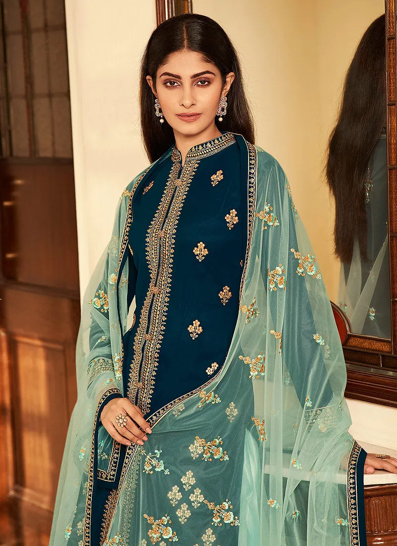 Blue And Sea Green Zari Embroidered Indian Lehenga Suit