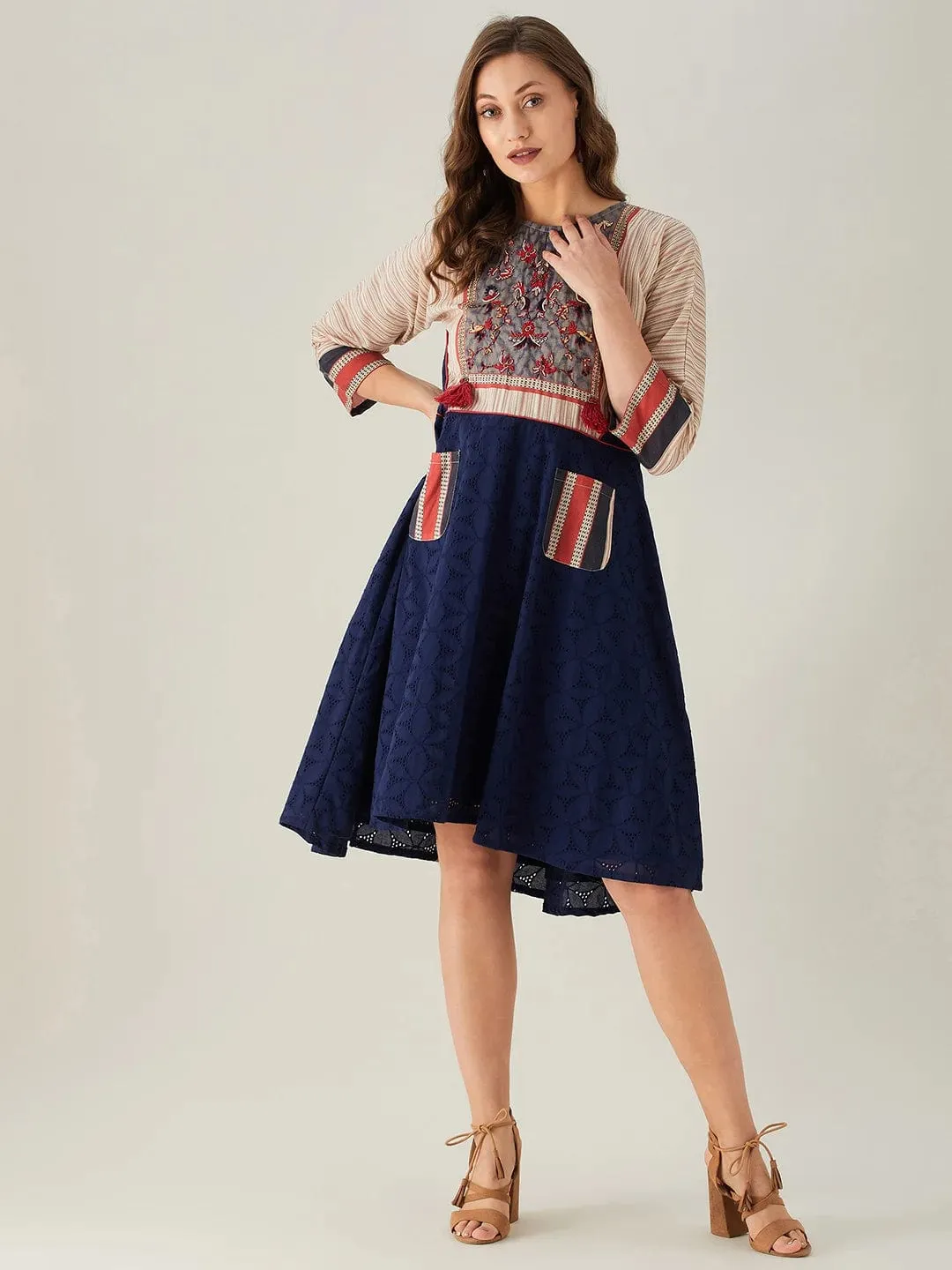 Blue Schiffli Dress with Embroidered Floral Yoke (Final Sale)