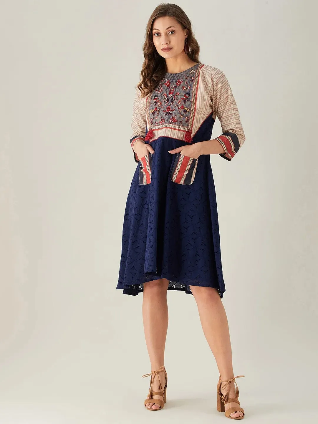 Blue Schiffli Dress with Embroidered Floral Yoke (Final Sale)