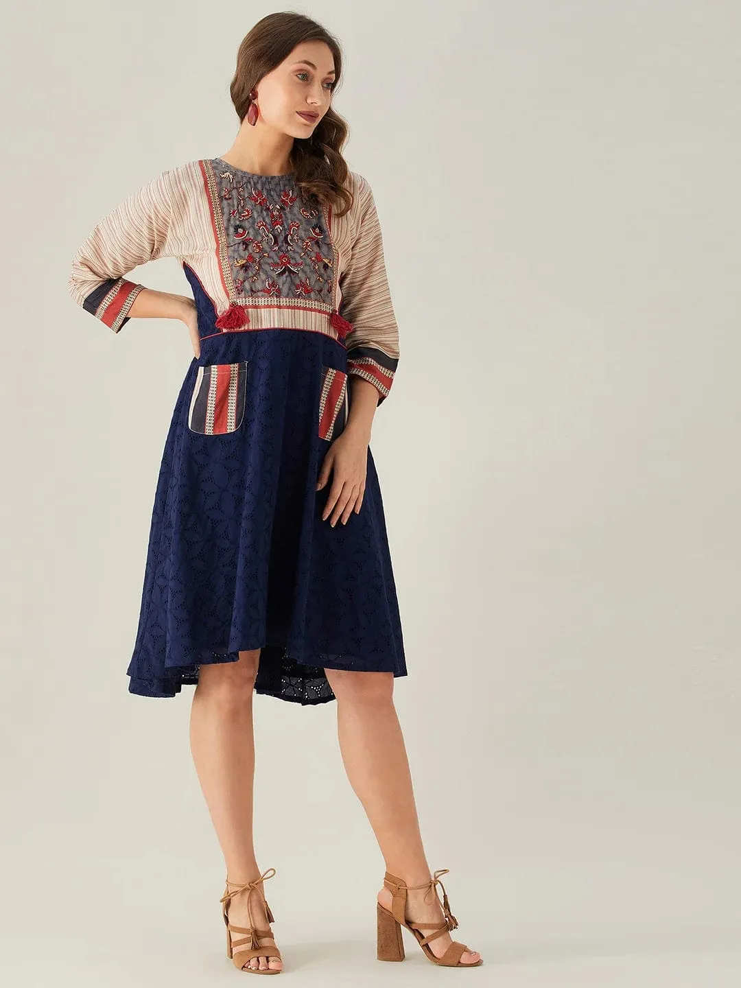 Blue Schiffli Dress with Embroidered Floral Yoke (Final Sale)