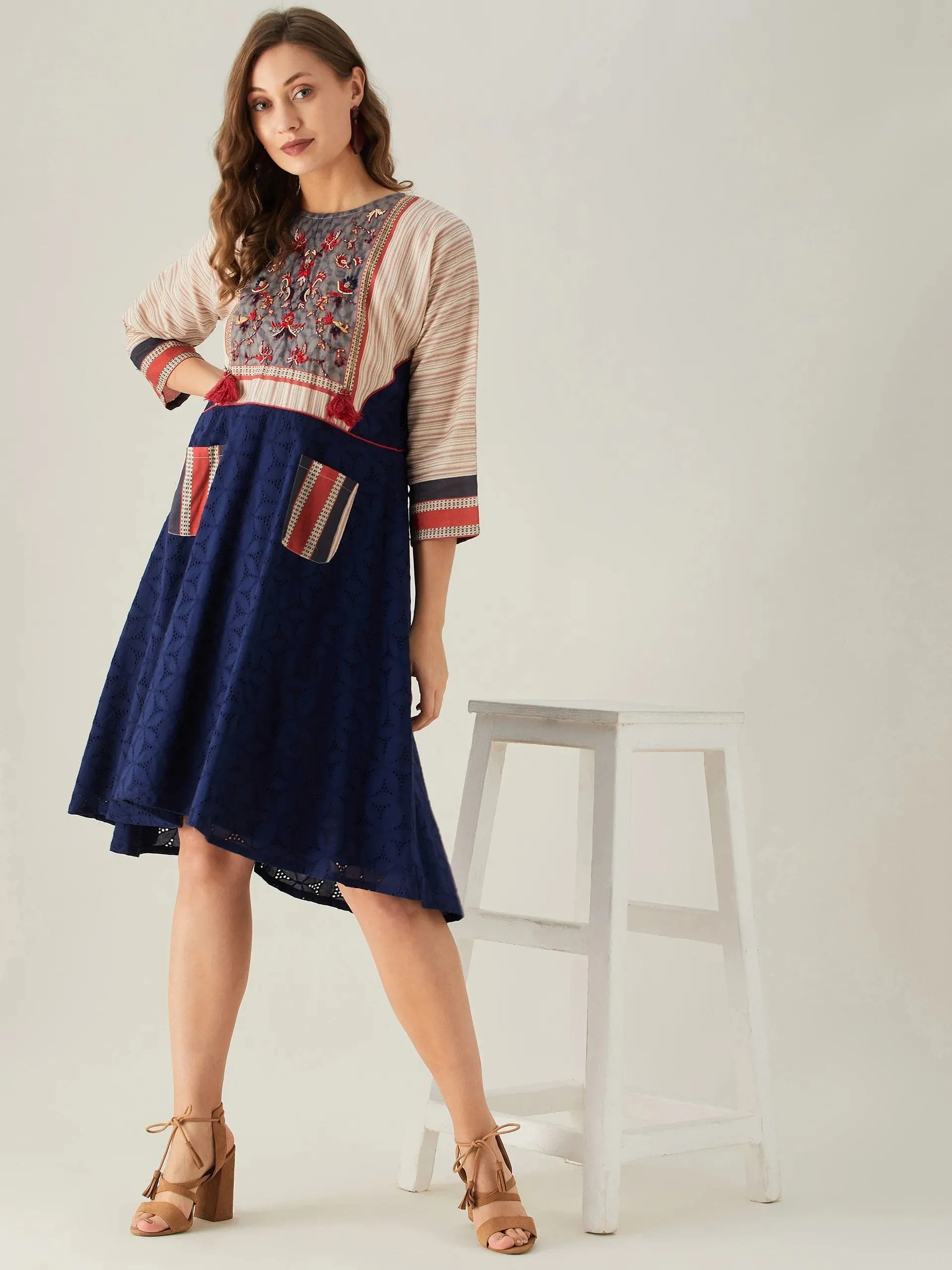 Blue Schiffli Dress with Embroidered Floral Yoke (Final Sale)