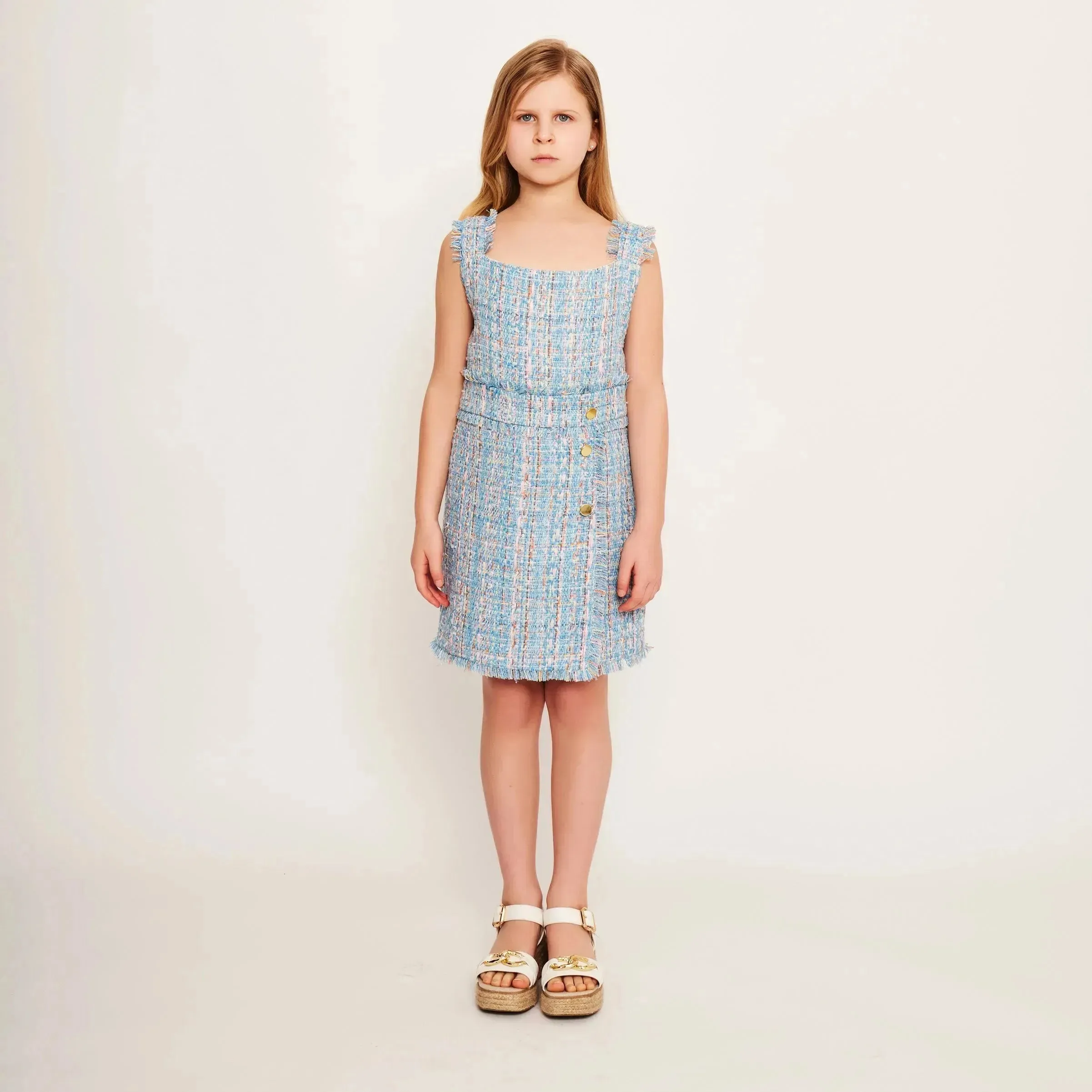 Blue Sleeveless Tweed Dress with Button Detail