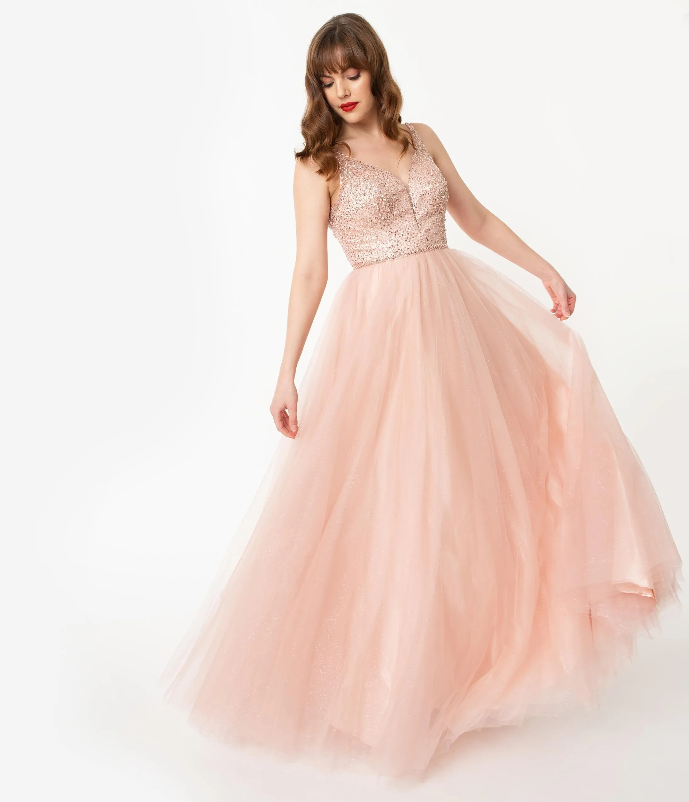 Blush Pink Glitter & Beaded Long Gown