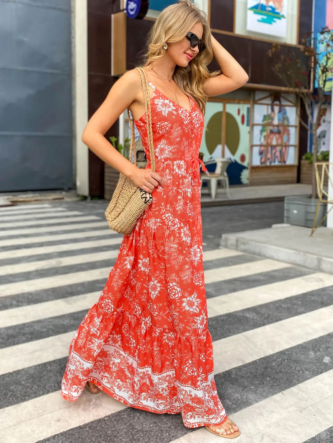 Bohemian Drawstring Waist Spaghetti Strap Maxi Dress