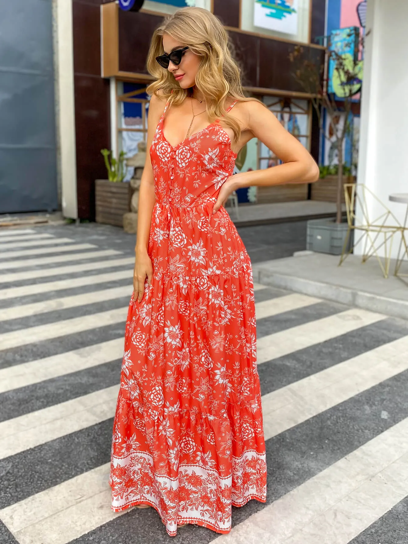 Bohemian Drawstring Waist Spaghetti Strap Maxi Dress