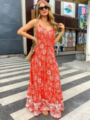 Bohemian Drawstring Waist Spaghetti Strap Maxi Dress