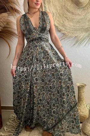 Bohemian Style Printed Elastic Waist Straps Loose Maxi Dress