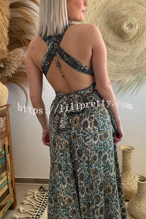 Bohemian Style Printed Elastic Waist Straps Loose Maxi Dress