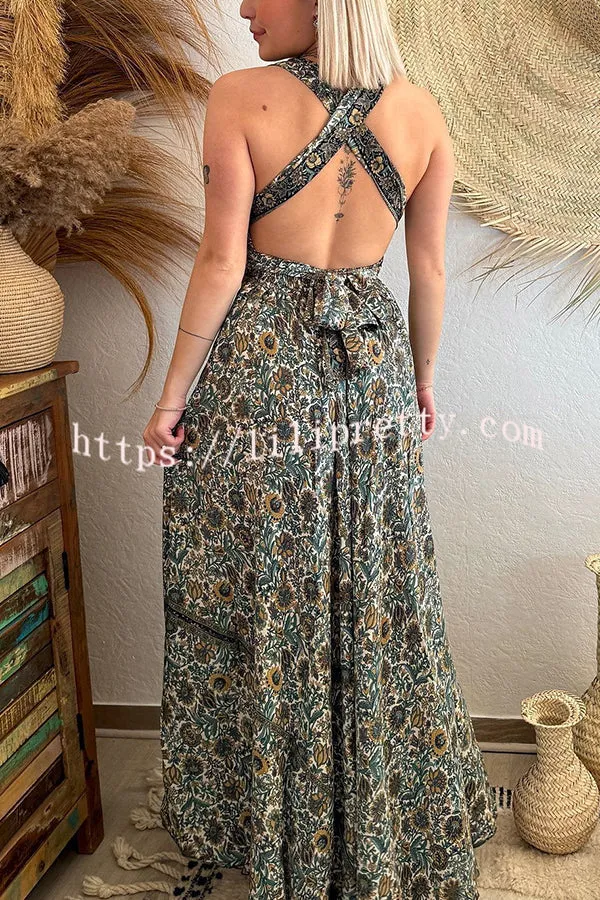 Bohemian Style Printed Elastic Waist Straps Loose Maxi Dress