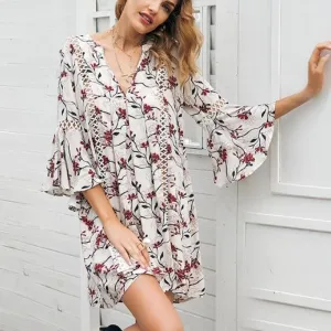 Boho Floral Print V Neck Short Flare Sleeve Dress