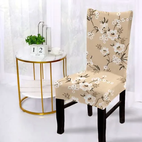 BRIDA Polyester Blend Stretchable Floral Printed Dining Chair Covers (Set of 4, Beige, Standard)