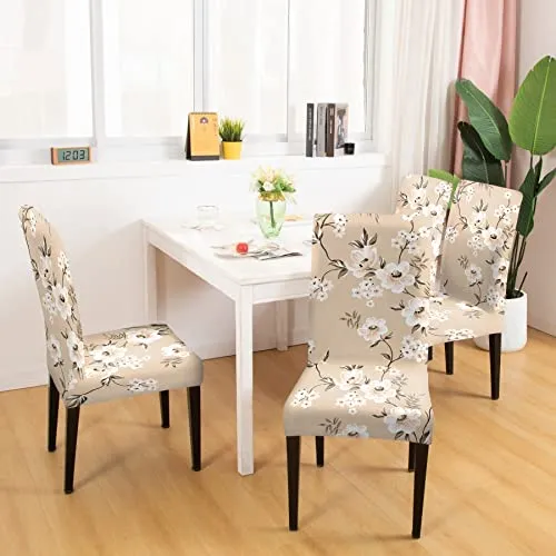 BRIDA Polyester Blend Stretchable Floral Printed Dining Chair Covers (Set of 4, Beige, Standard)