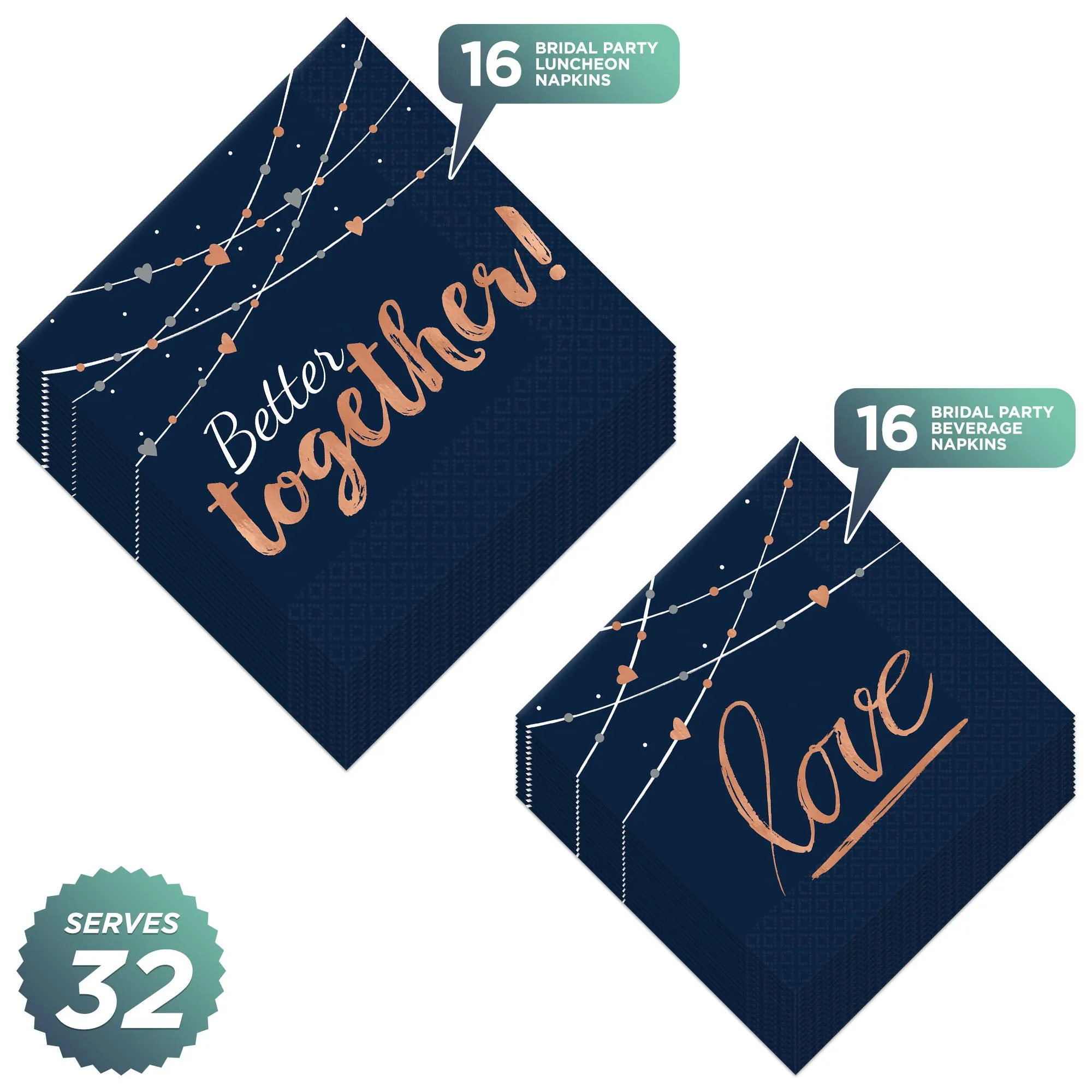 Bridal Party Supplies - Navy & Blush Rose Gold Wedding Cocktail Beverage Napkins, 32 Count