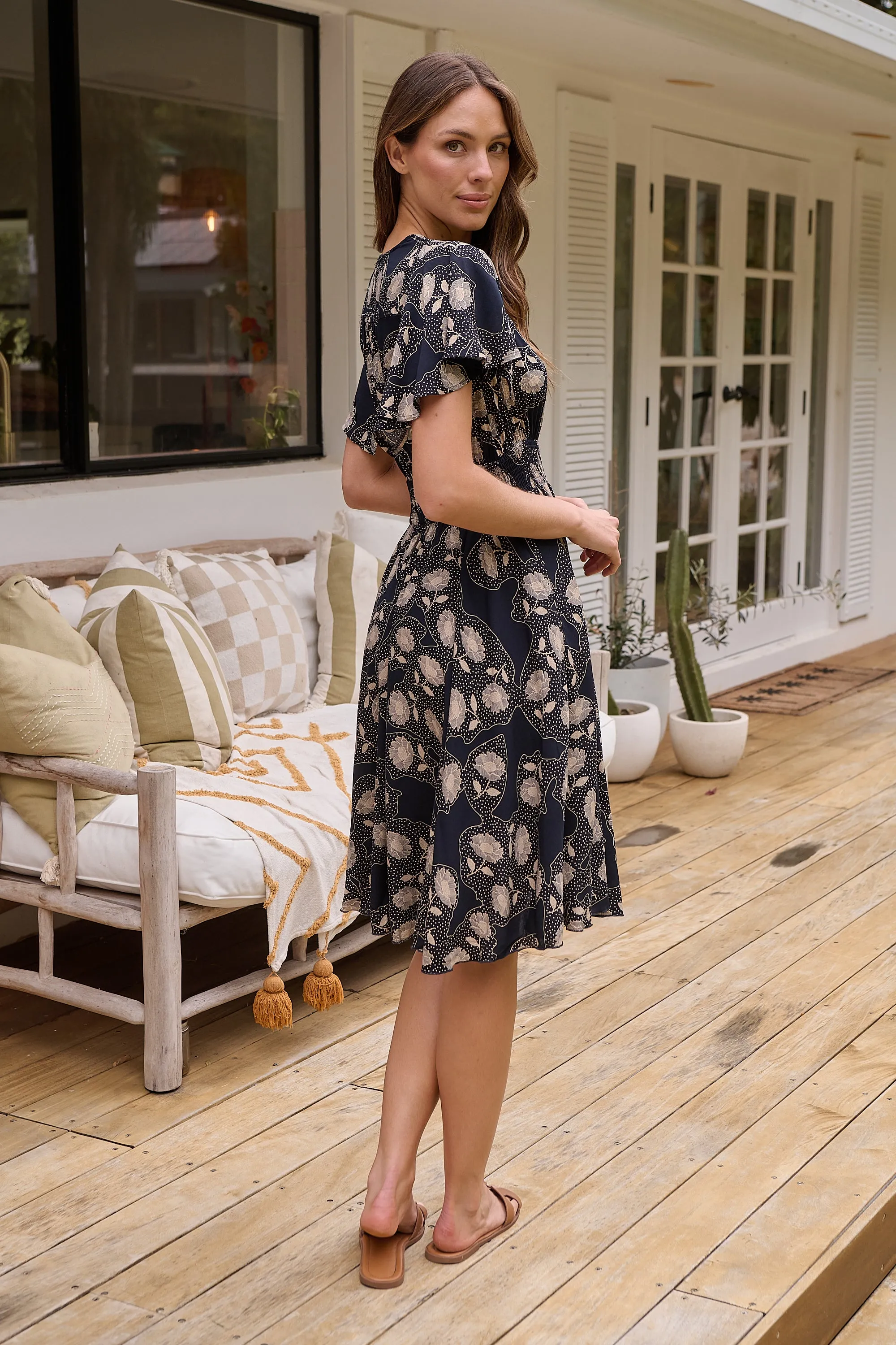 Carina Button Front Navy/Beige Print Summer Dress