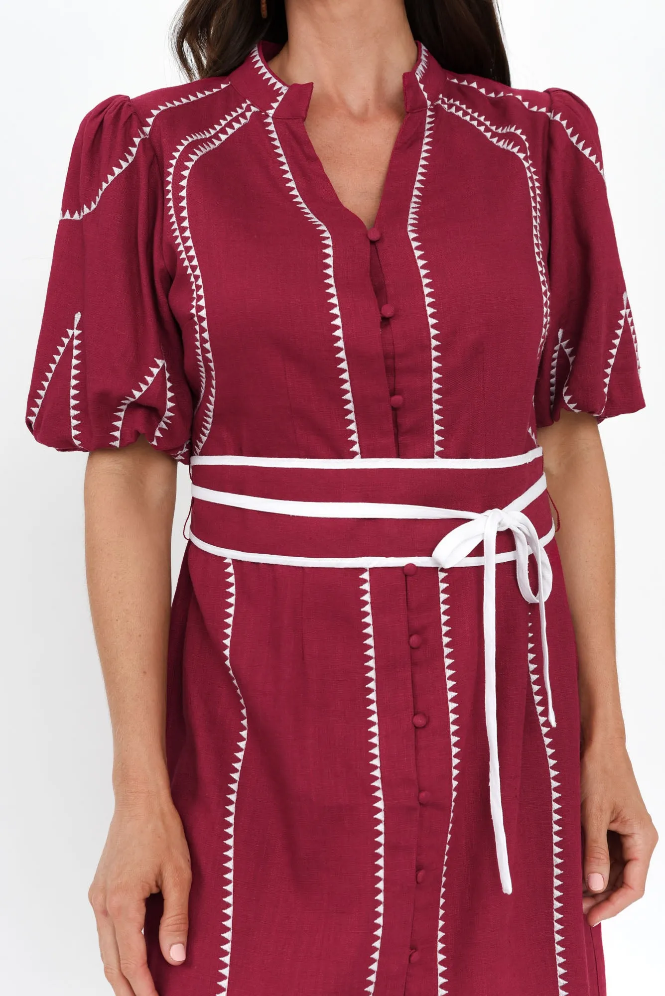 Carlyle Crimson Embroidered Linen Blend Dress