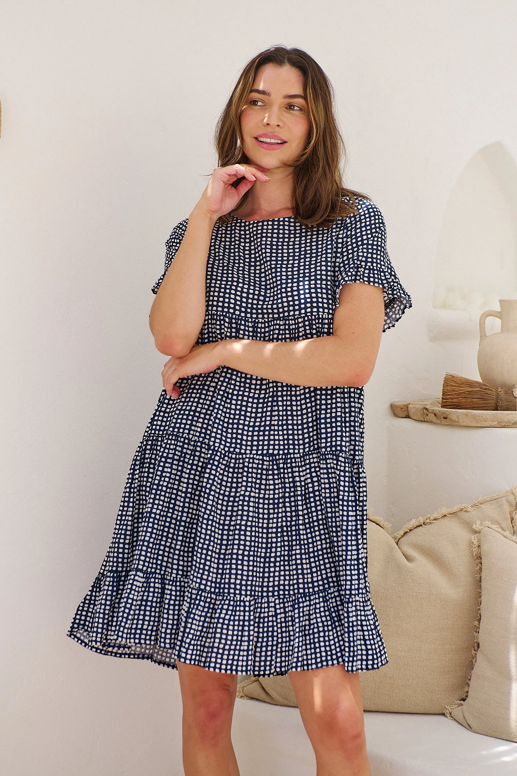 Cely Navy/White Printed Smock Dress