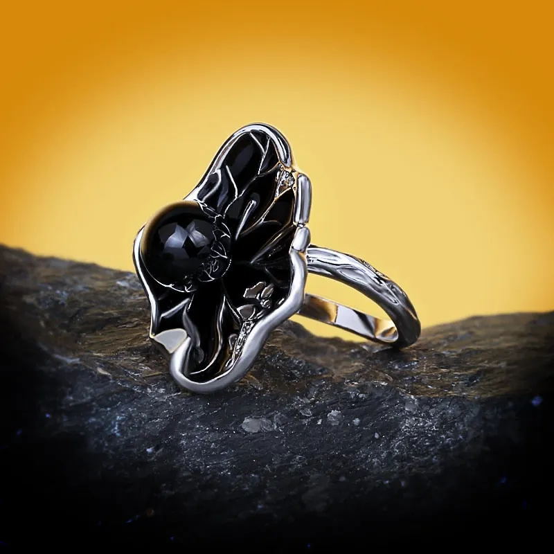 Chinese Jewelry Black Lotus Leaf and Pearl Enamel Ring for Women in Color 925 Silver