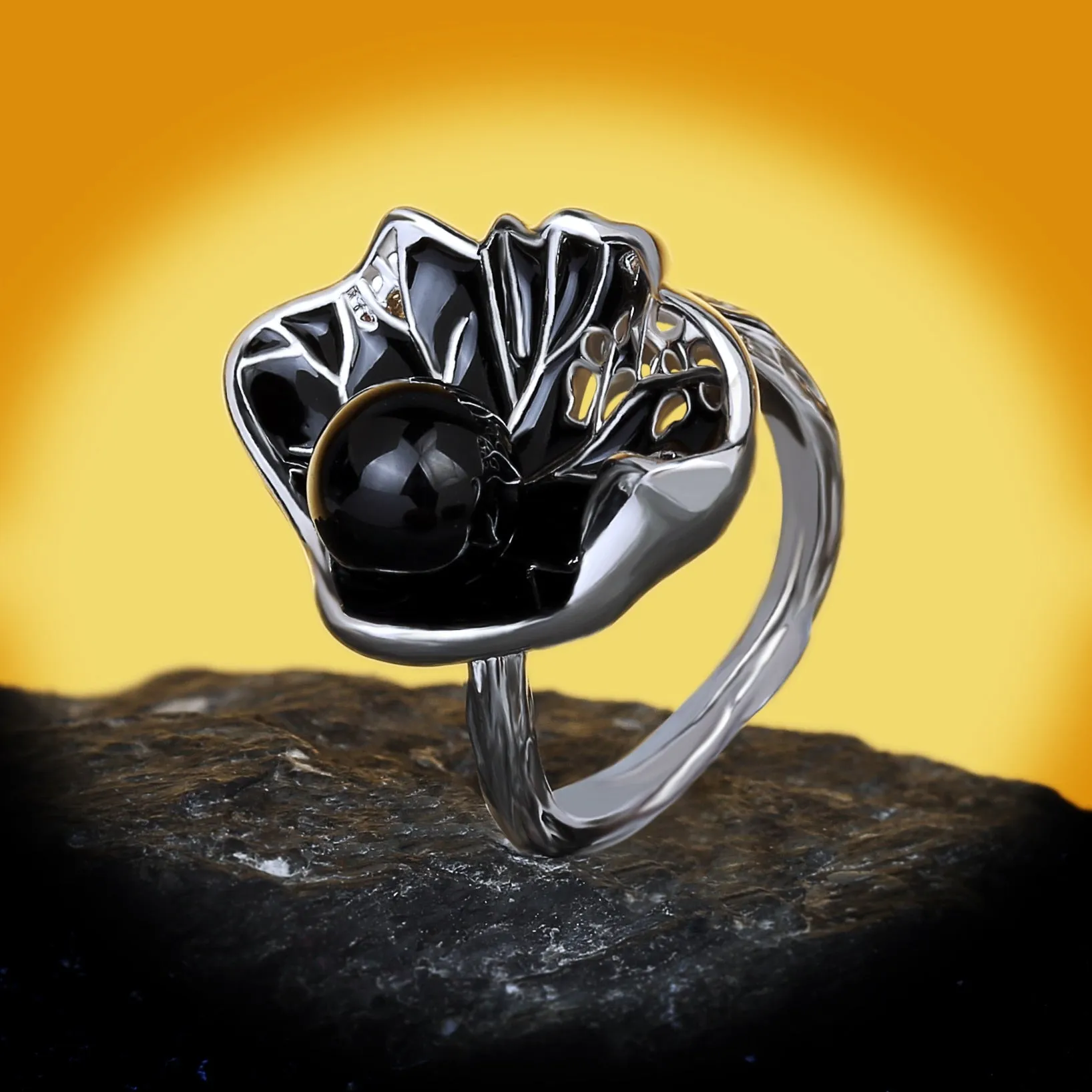 Chinese Jewelry Black Lotus Leaf and Pearl Enamel Ring for Women in Color 925 Silver