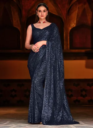 Cobalt Blue Sequence Work Party Wear Saree