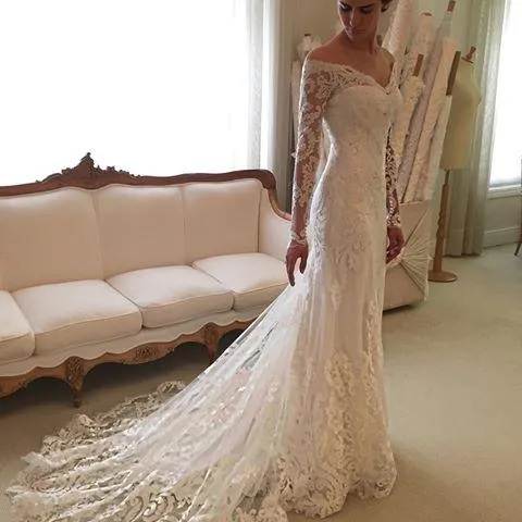 Court-Train Lace Long-Sleeve Sheath V-neck Off-the-shoulder Wedding Dresses BA4066