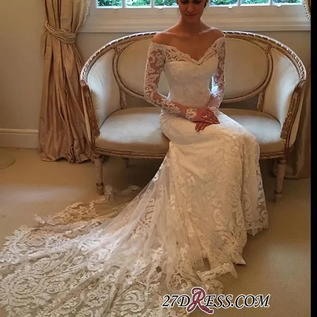 Court-Train Lace Long-Sleeve Sheath V-neck Off-the-shoulder Wedding Dresses BA4066