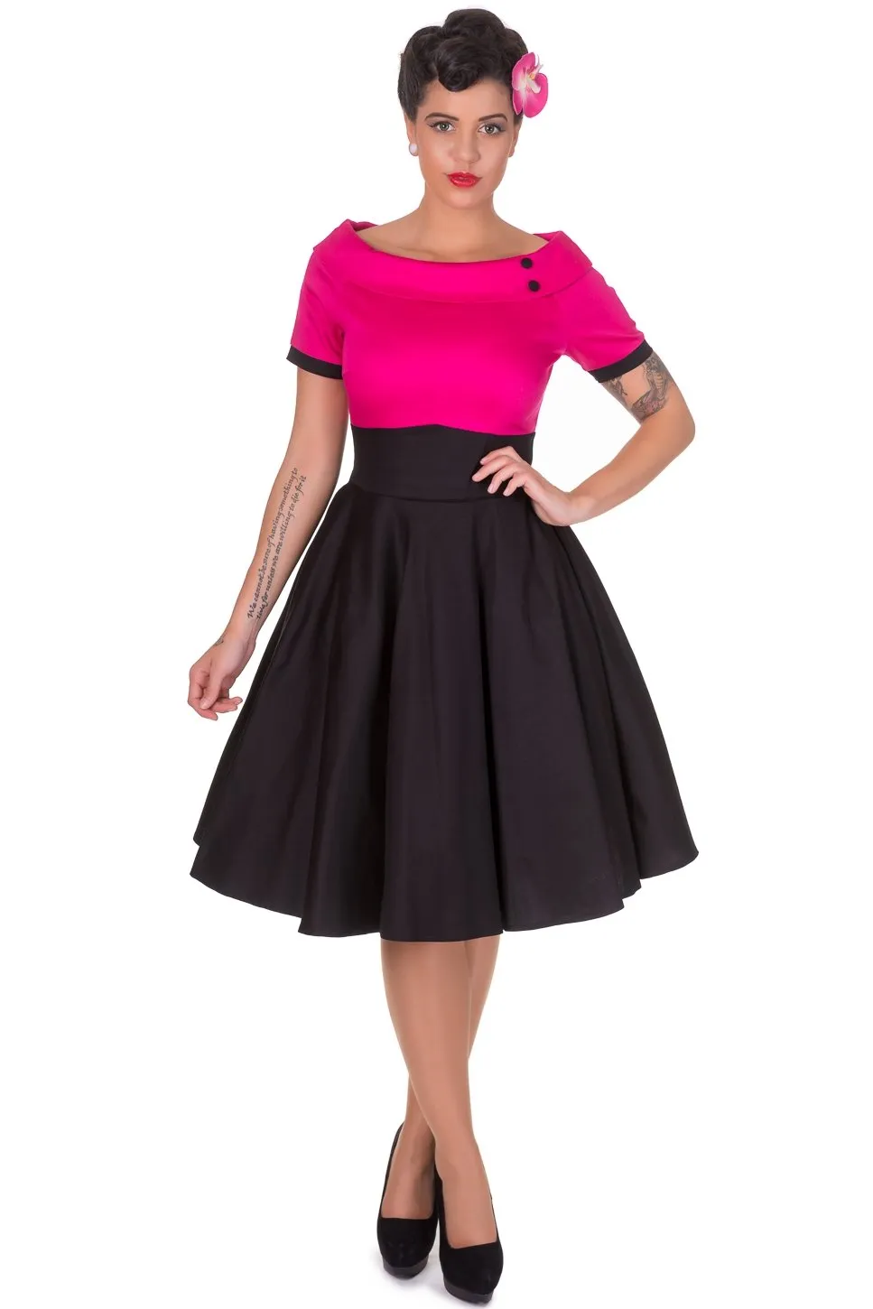 Darlene Retro Full Circle Swing Dress in Hot Pink-Black