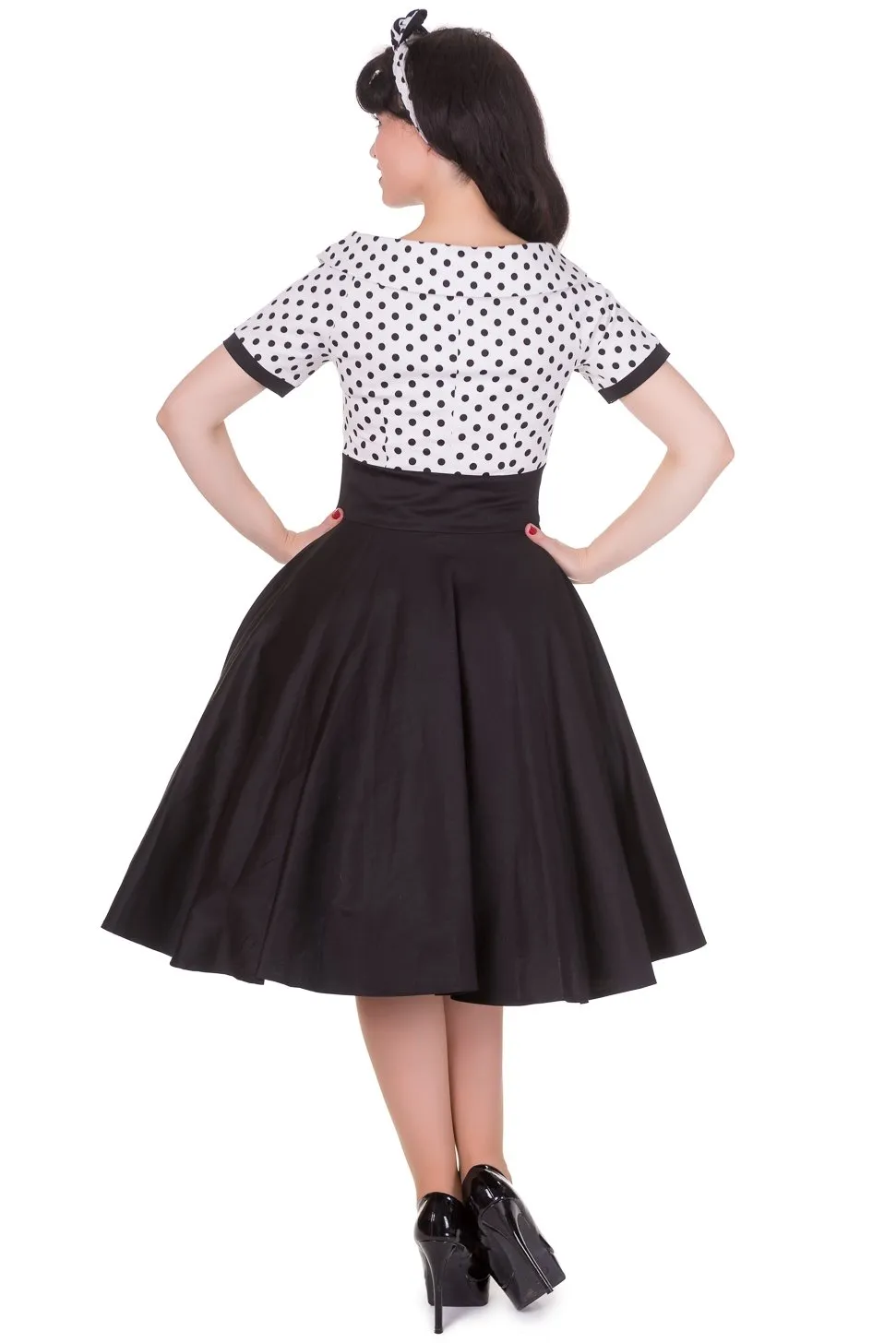 Darlene Retro Full Circle Swing Dress in White-Black Polka