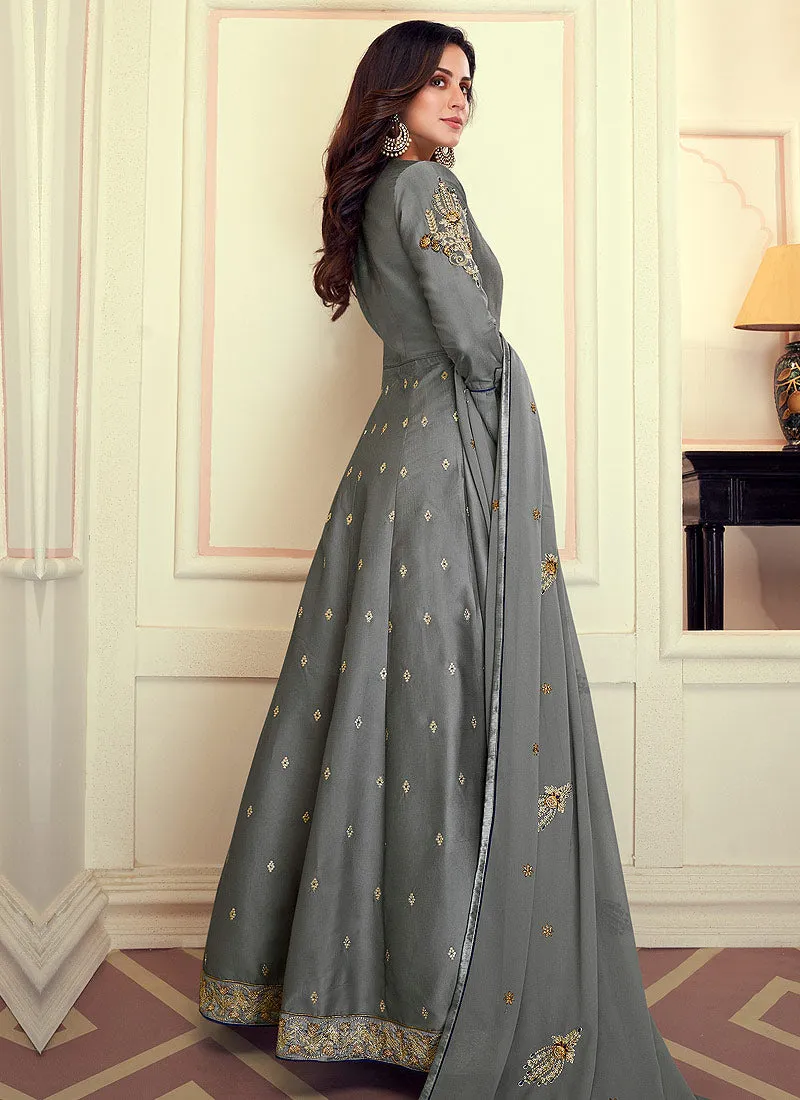 Deep Grey Designer Silk Anarkali Suit Set