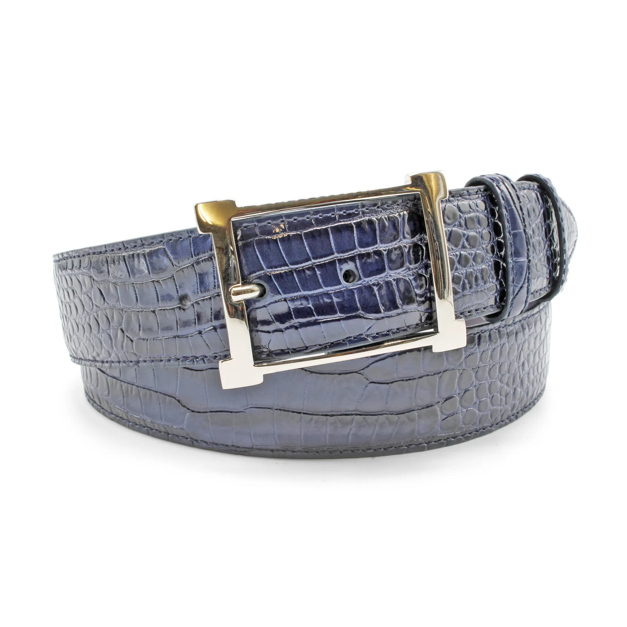 Deep Navy Mock Croc Brush Off Silver Frame Belt