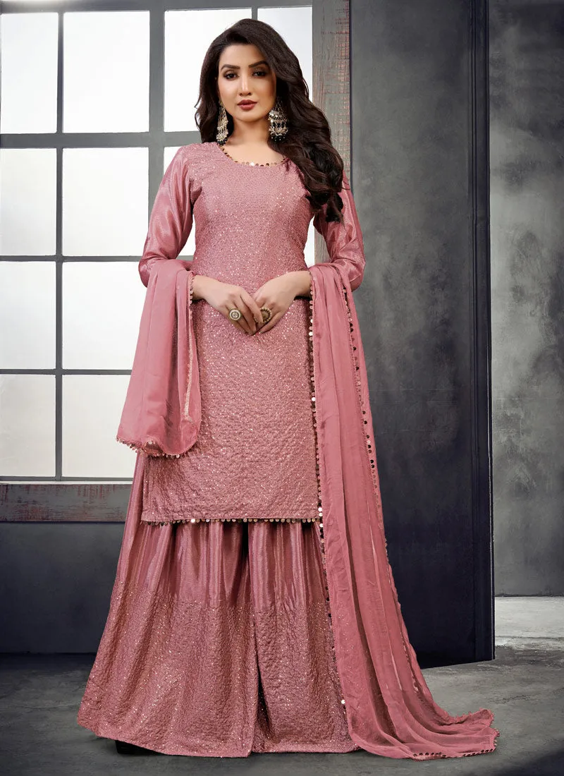 Deep Pink Zari And Sequence Embroidered Palazzo Suit