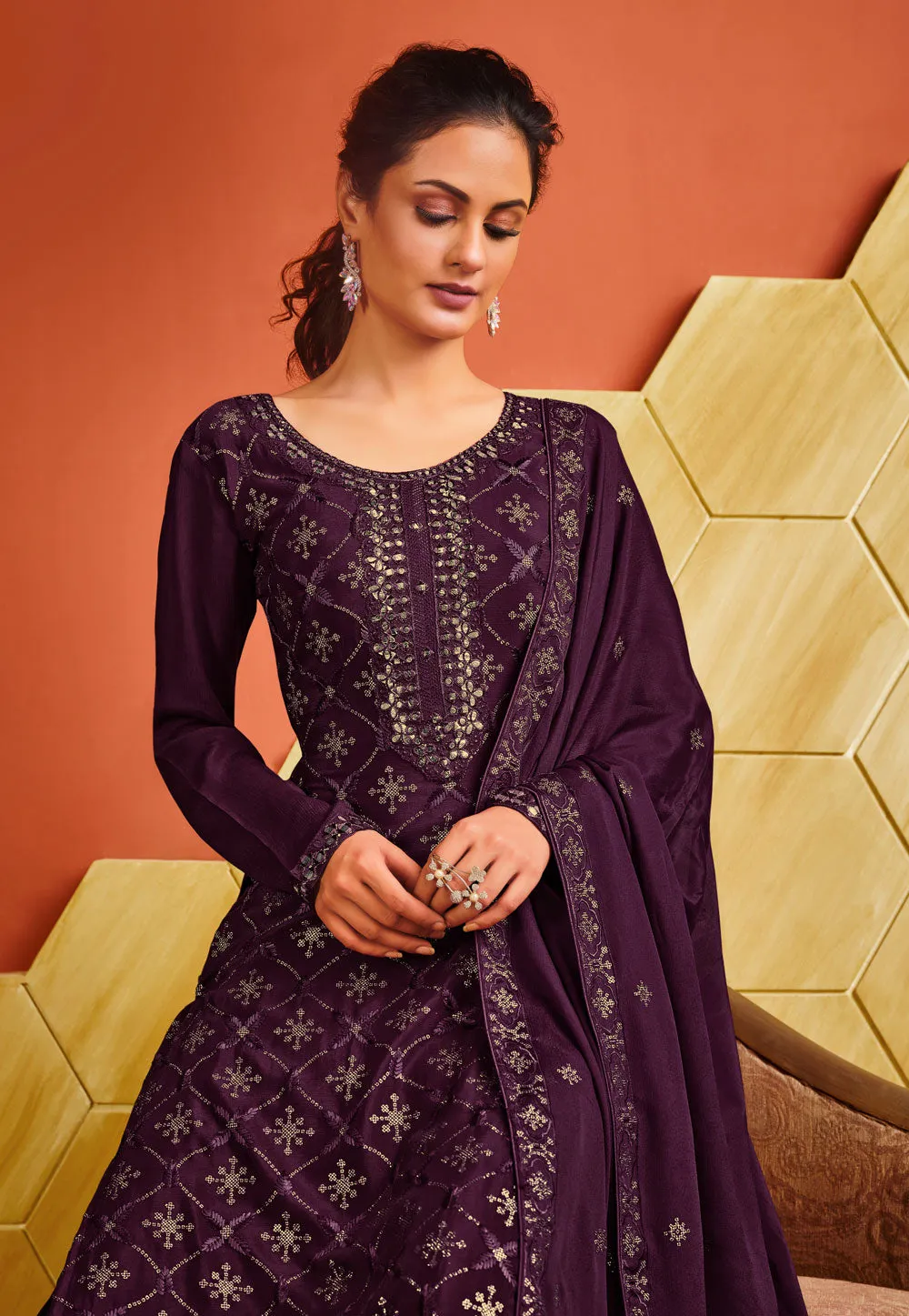 Deep Purple Embroidered Pakistani Palazzo Suit