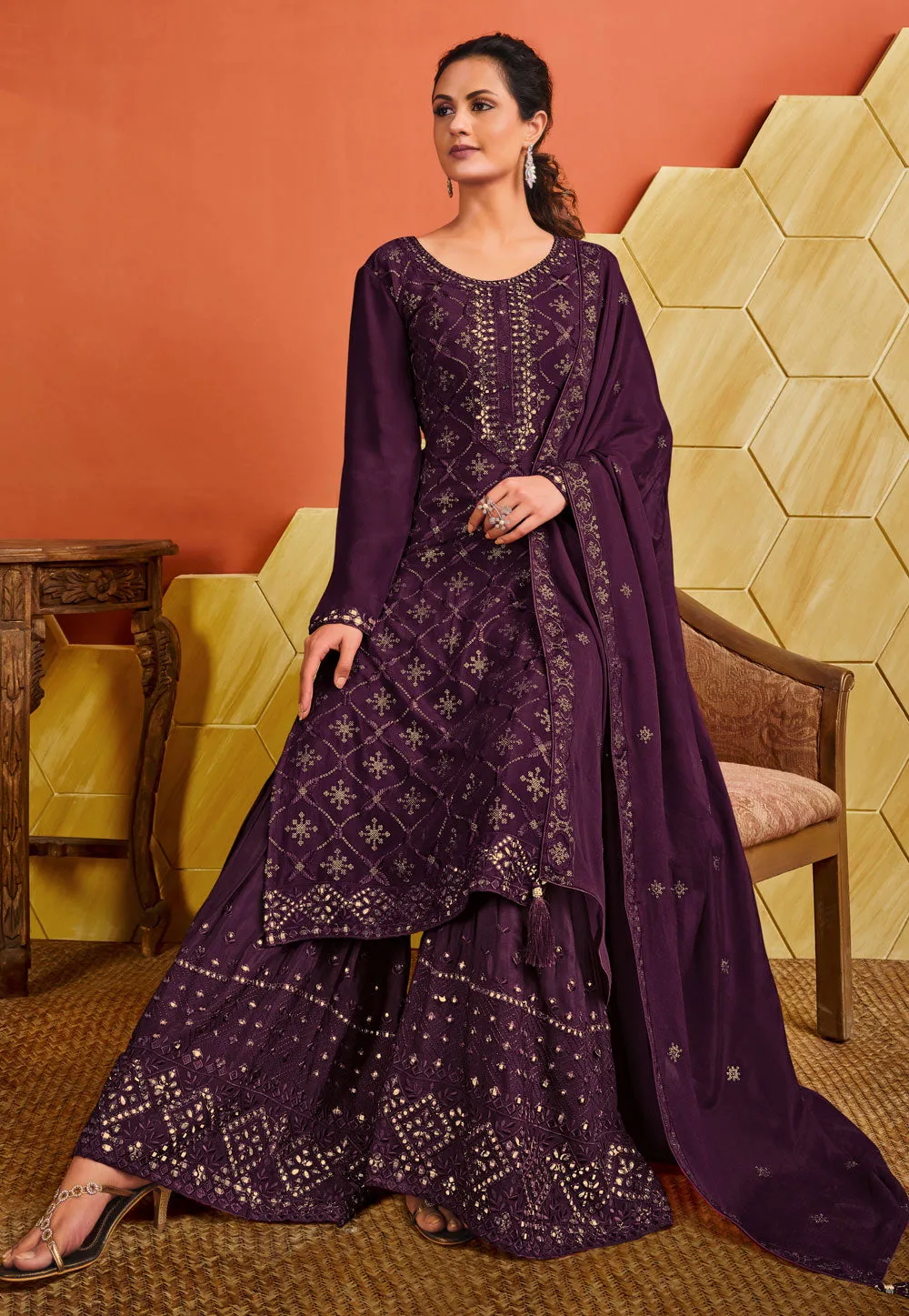 Deep Purple Embroidered Pakistani Palazzo Suit