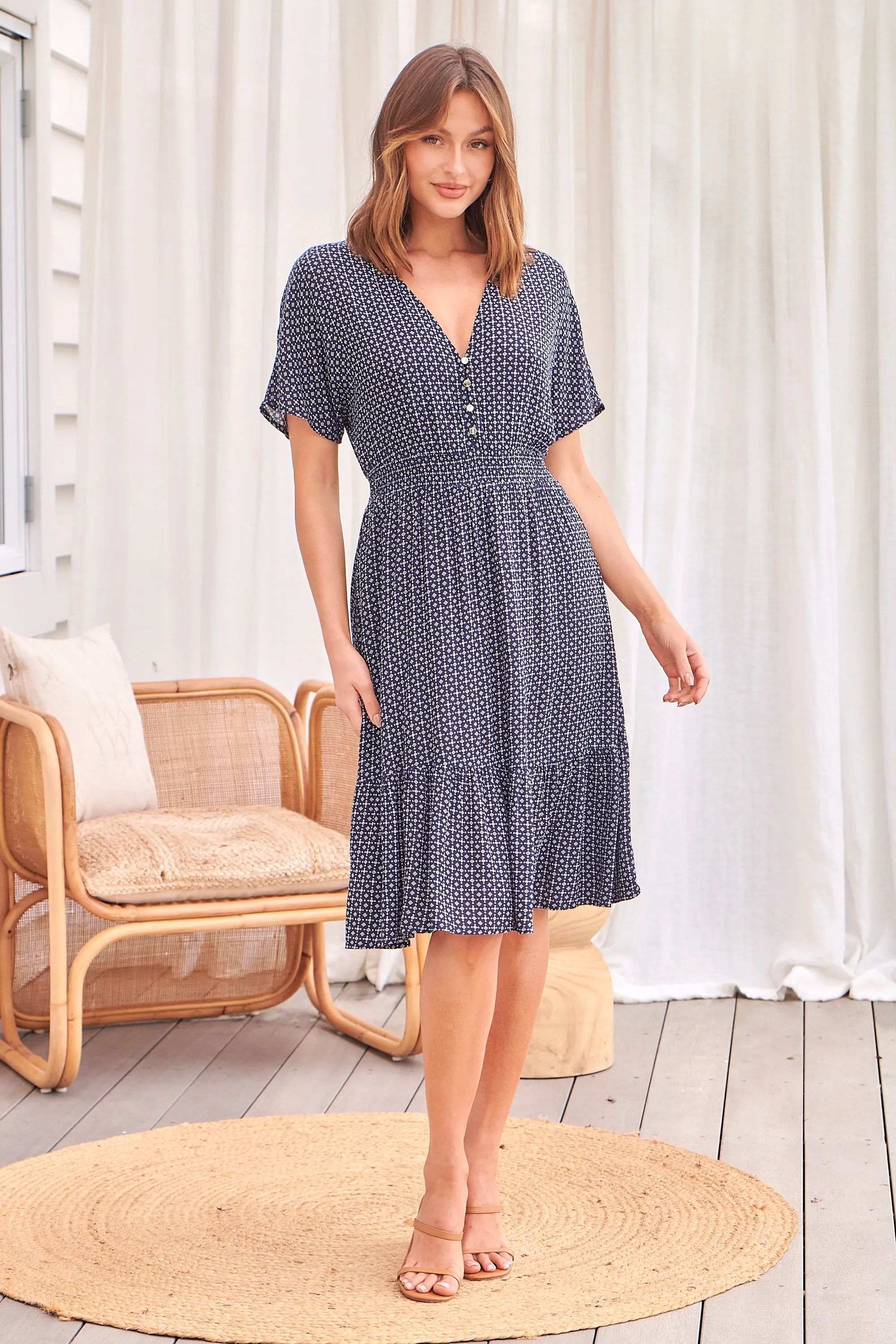 Dohar Cap Sleeve Navy Print Button Front Dress