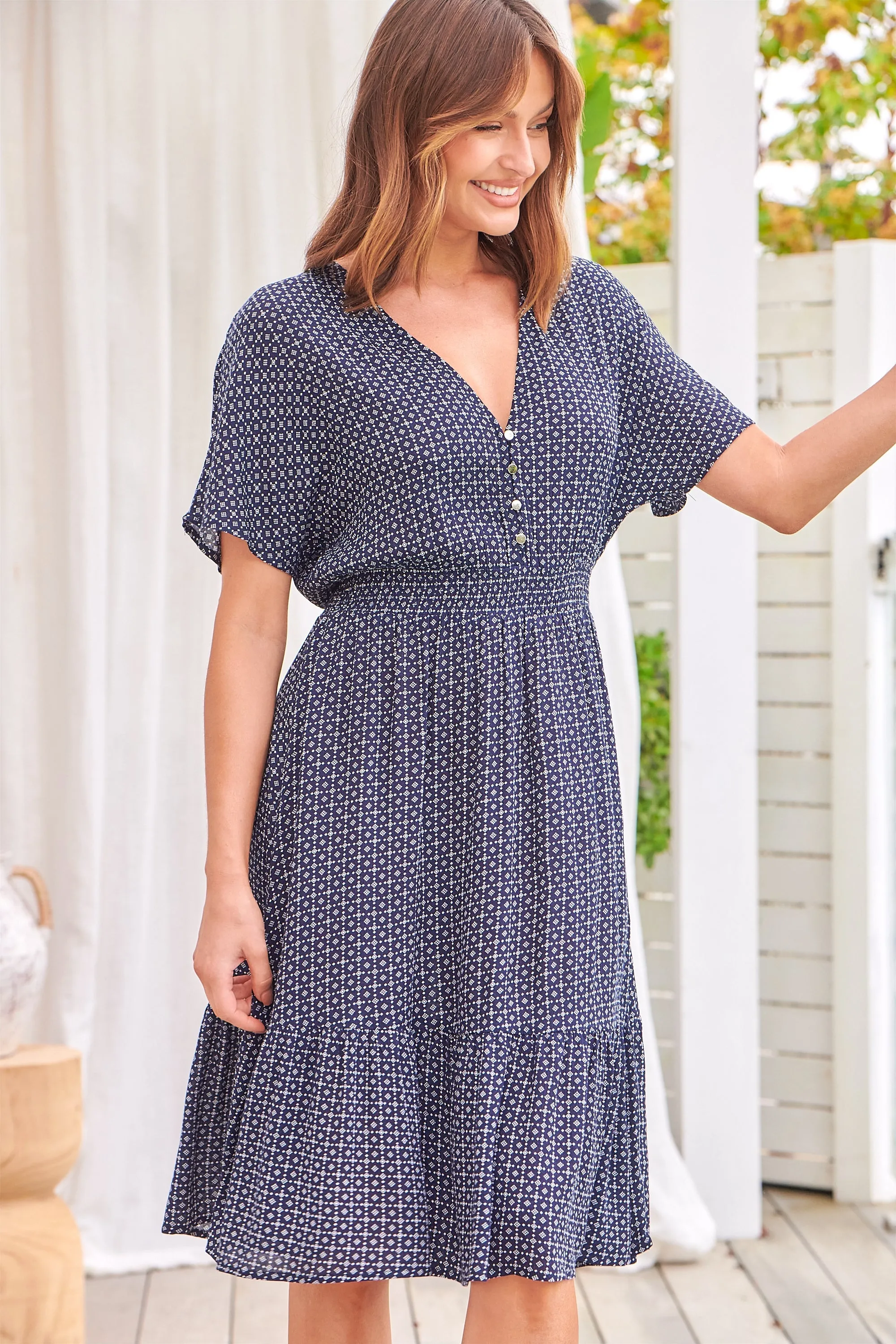 Dohar Cap Sleeve Navy Print Button Front Dress