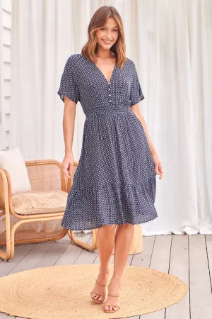 Dohar Cap Sleeve Navy Print Button Front Dress