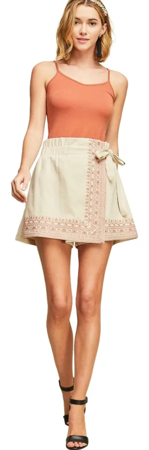 Embroidered Wrap Skort, Sand