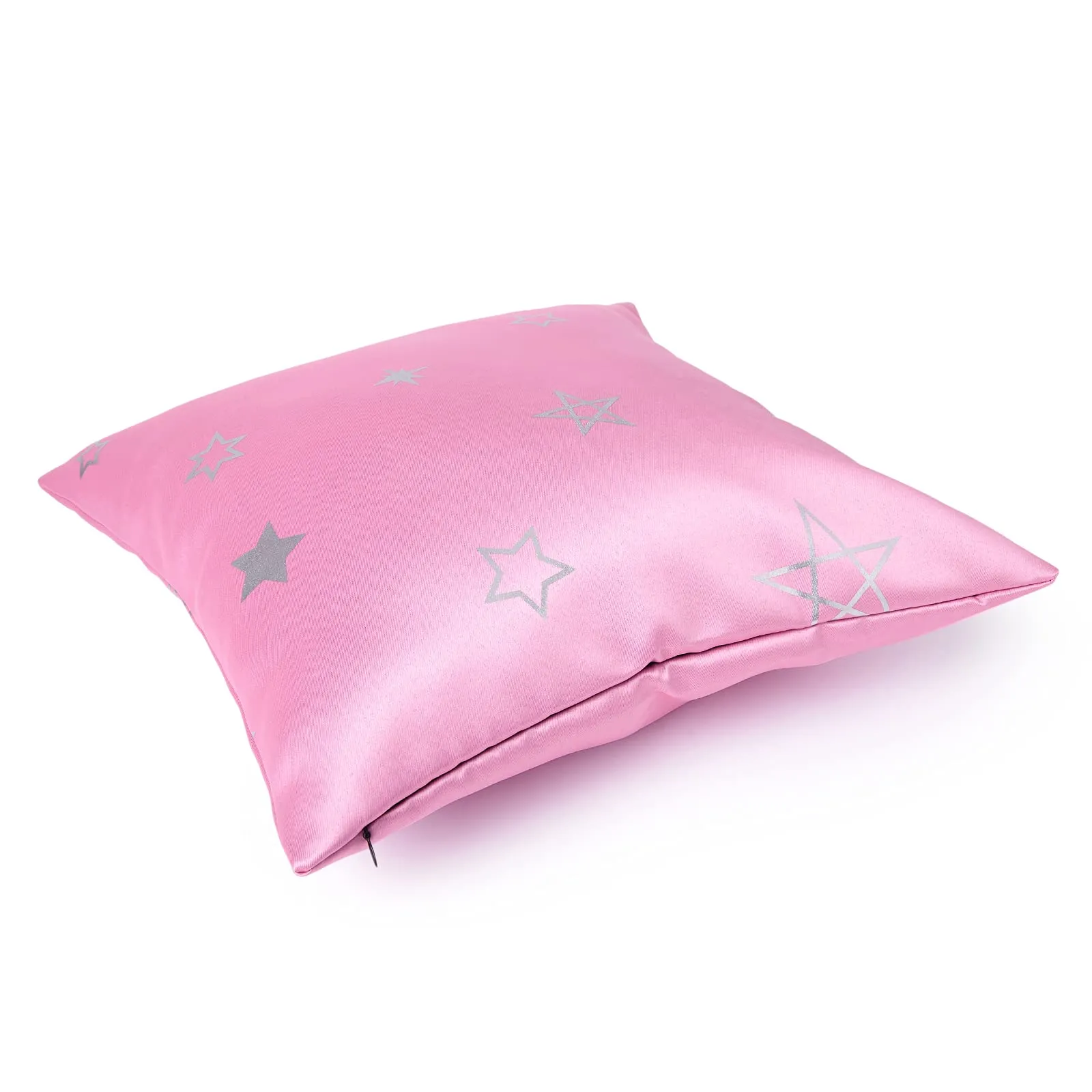 Encasa Homes Satin Weave Polyester Silver Star Foil Printed Star Pink Square Cushion Covers 16 x 16 inch Pack of 2