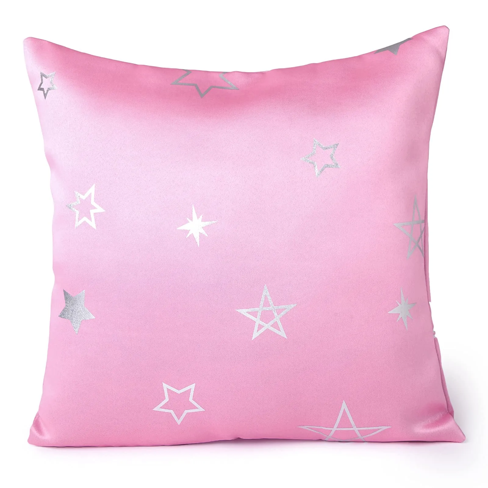 Encasa Homes Satin Weave Polyester Silver Star Foil Printed Star Pink Square Cushion Covers 16 x 16 inch Pack of 2