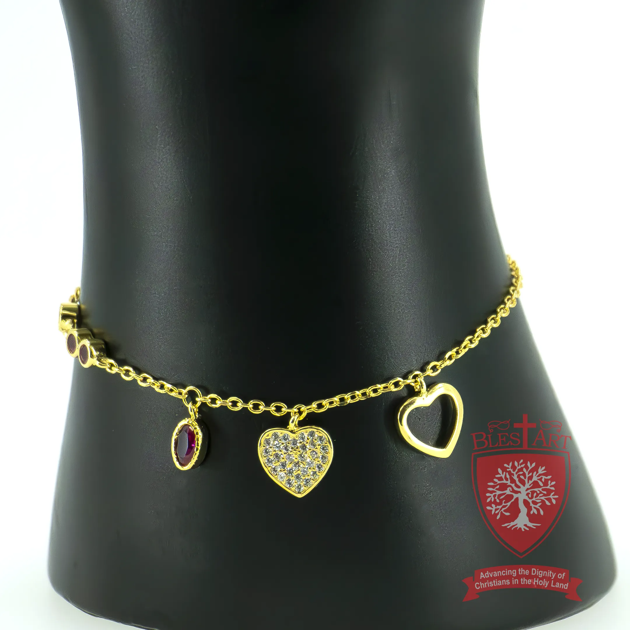 Eternal Affection Gold-Plated Bracelet with Dual Hearts and Gemstone Oval Charm