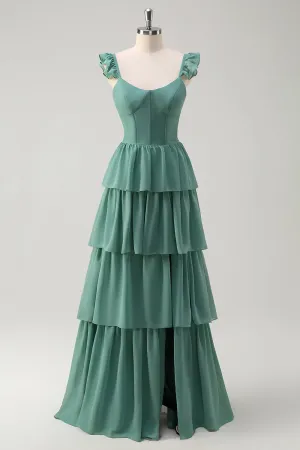 Eucalyptus Corset Tiered Ruched Bridesmaid Dress with Slit