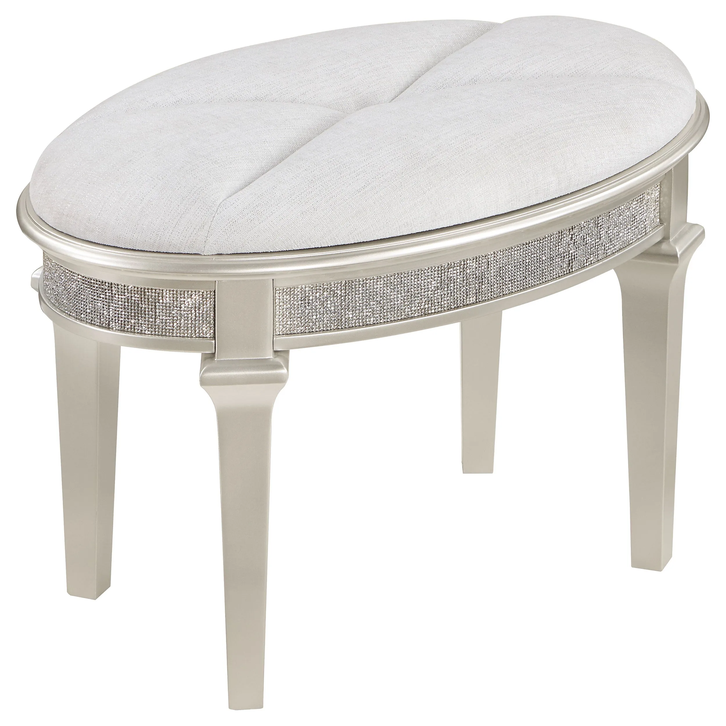 Evangeline Vanity Stool with Oval Design & Diamond Trim Silver