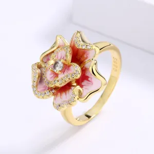 Exquisite Pink Flower Enamel Ring for Women with Zircon in 925 Sterling Silver