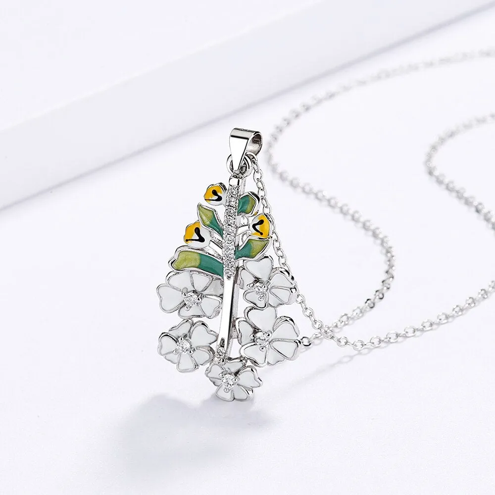 Exquisite White Flower  Enamel Pendant Necklaces with Zircon in 925 Sterling Silver