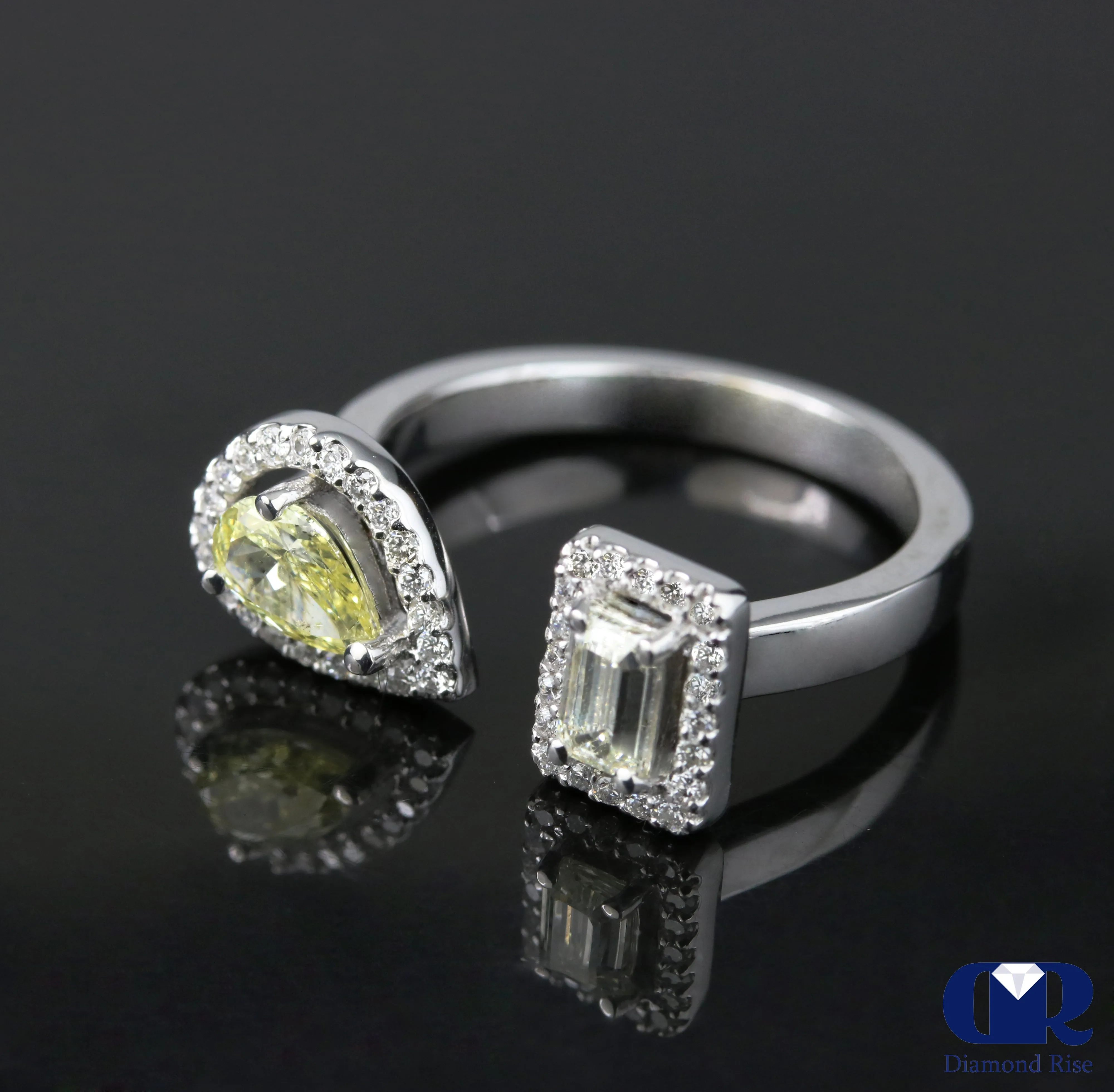 Fancy Yellow Pear Shaped & Emerald Cut Diamond Halo Engagement Ring 14K Gold