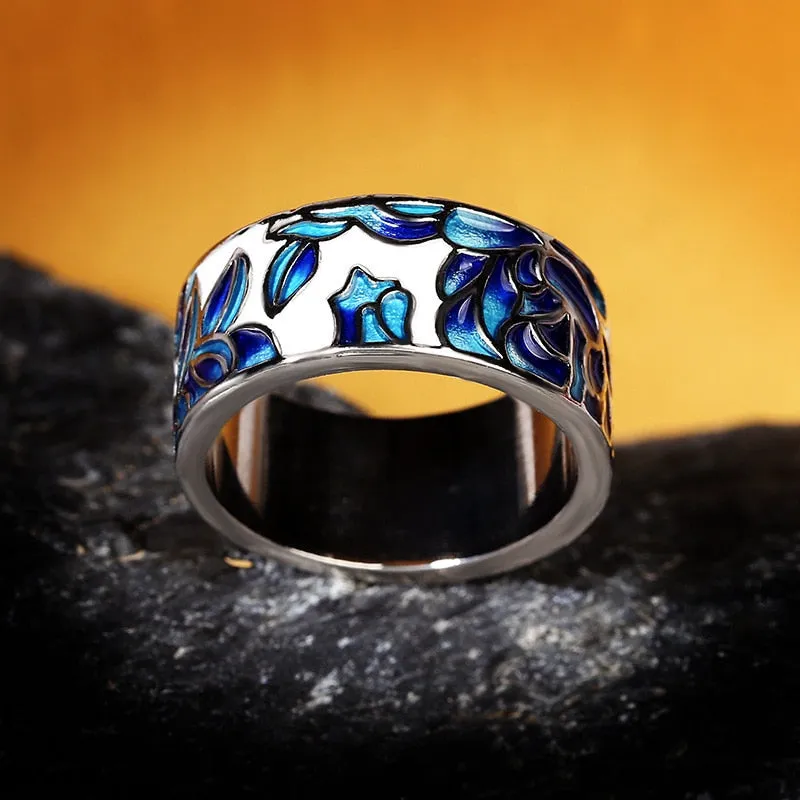 Fashion Jewelry Blue Flower Enamel Band Ring with Zircon in 925 Sterling Silver