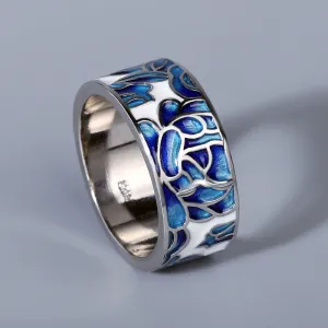 Fashion Jewelry Blue Flower Enamel Band Ring with Zircon in 925 Sterling Silver