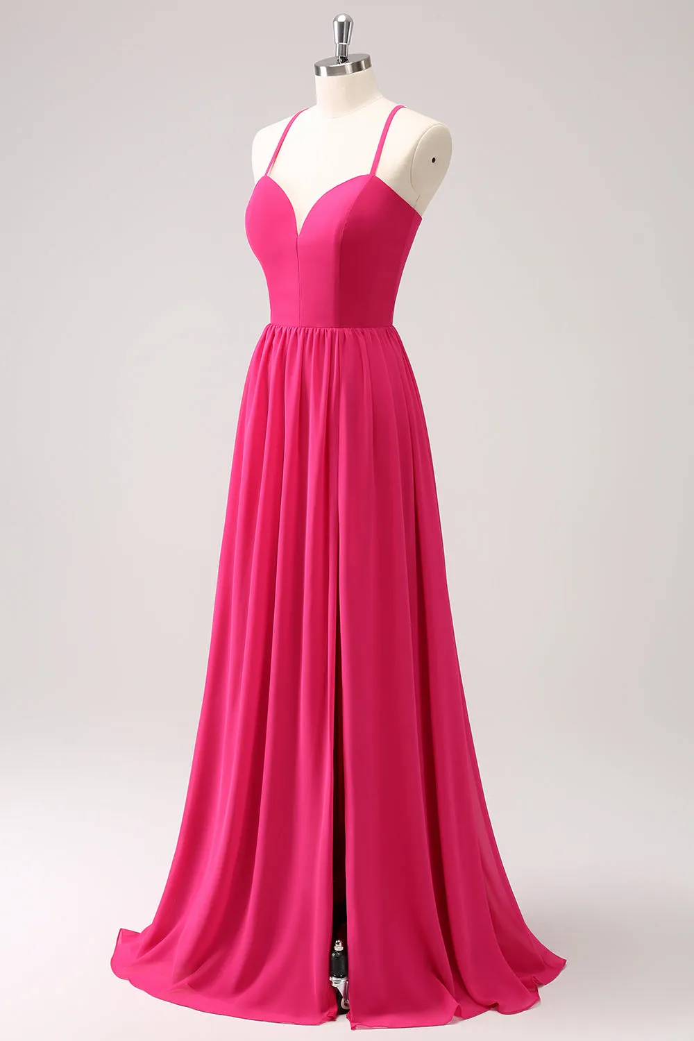 Fuchsia A Line Slit Bridesmaid Dress with Lace-up Back