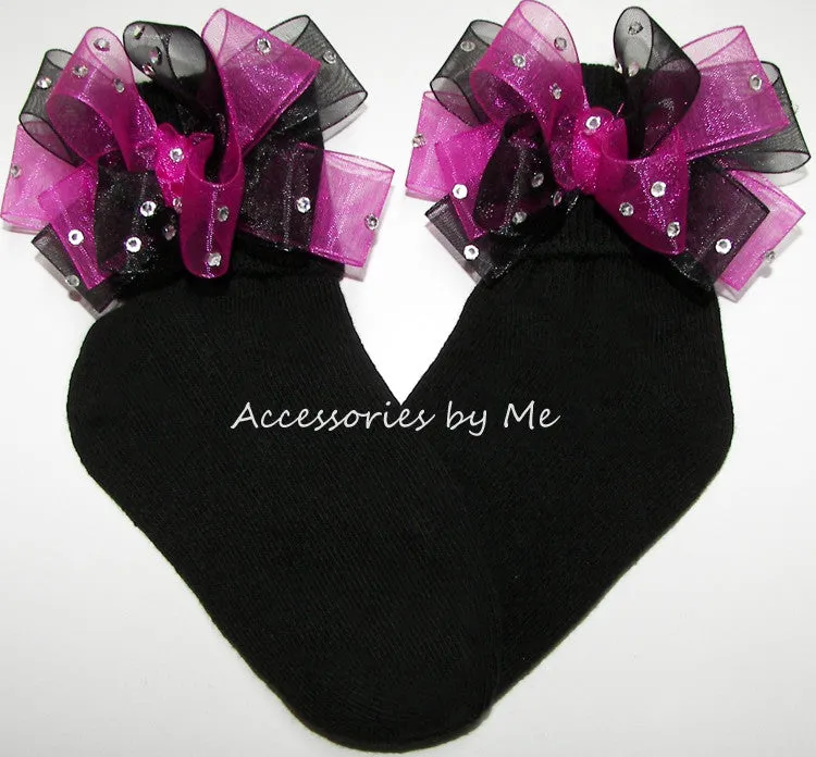 Glitzy Shocking Pink Black Organza Bow Socks