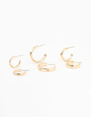 Gold Plated Simple Diamante Hoop Earrings 3-Pack